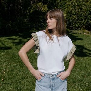 Zara White Cotton Blend Tee Gold Metallic Ruffle Sleeves Size S